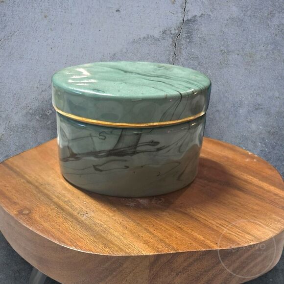 Mid Century Modern Style Green Marble Painted Porcelain Jewelry Box - Picture 1 of 6